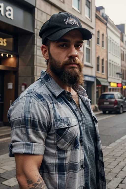 A bearded man wearing a scally cap and a plaid shirt