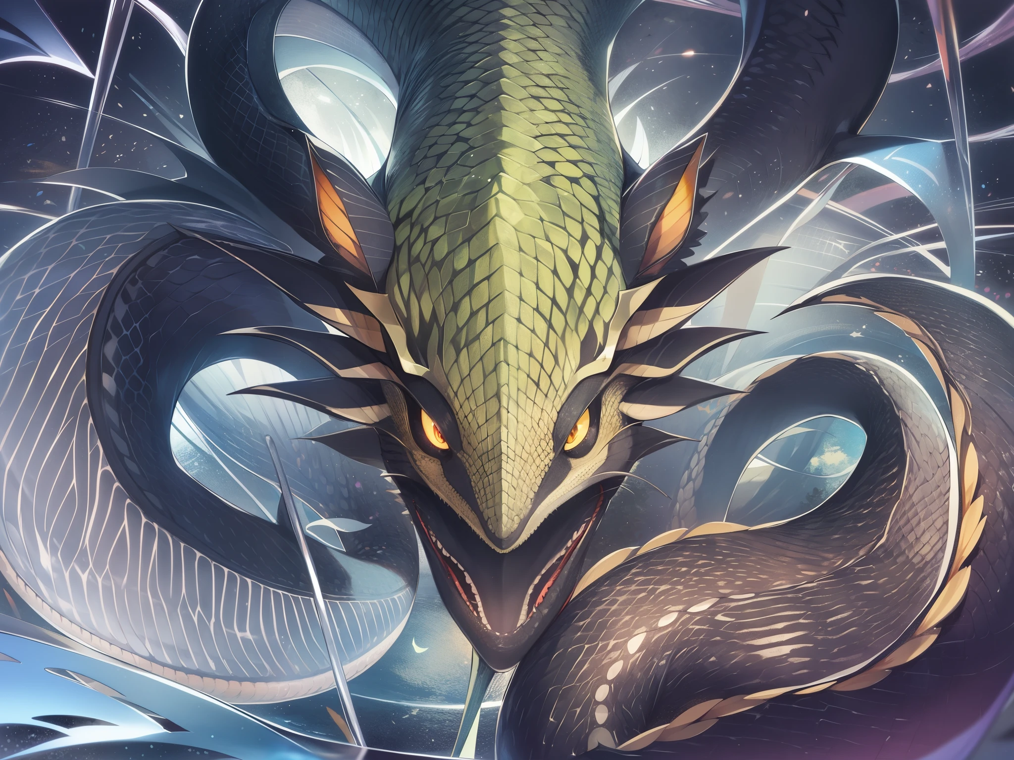 Alice in the Land of Mirrors、Jabberwock、snake horse fish ghost、He is depicted as having a slender, dragon-like appearance.[7][8]。Its height is about 2 to 3 times that of a human.[2]、the head looks like a fish[7][8]、Two antennae-like things on the forehead[7][9]、There are also two tentacles or whiskers around the mouth.[7][9]、Sharp incisors can be seen inside the mouth[7]。neck is long and thin、The body is covered with reptilian scales[9][10]、Two arms and two legs like a dinosaur walking upright[8]、It has three and four sharp claws on each limb.[2][7]、long tail、It has bat-like wings on its back.