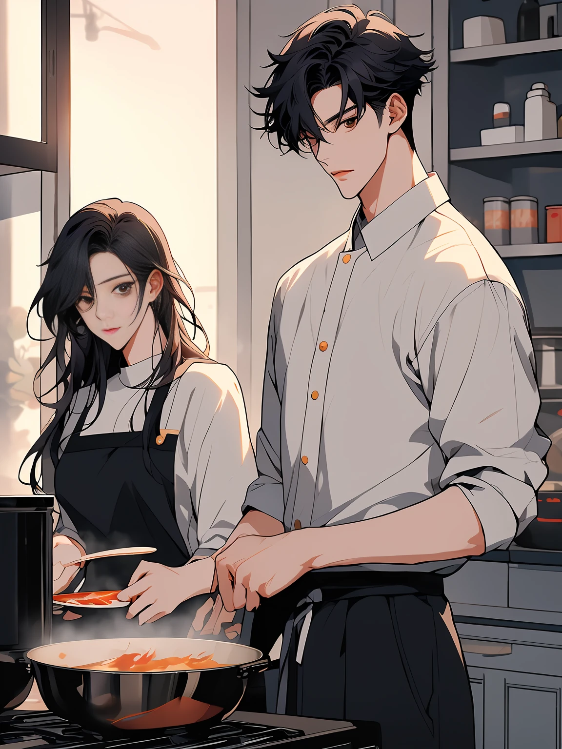a man standing cooking with his girlfriend, and both are happy, manhwa, male ulzzang, yanjun chengt, handsome chad chin, anime handsome man, secret romance, (good looking ), wearing elegant casual clothes, webtoon, hwang se - on, ( ( god king of ai art ) ), name of the character is chad, webtoons, handsome stunning realistic