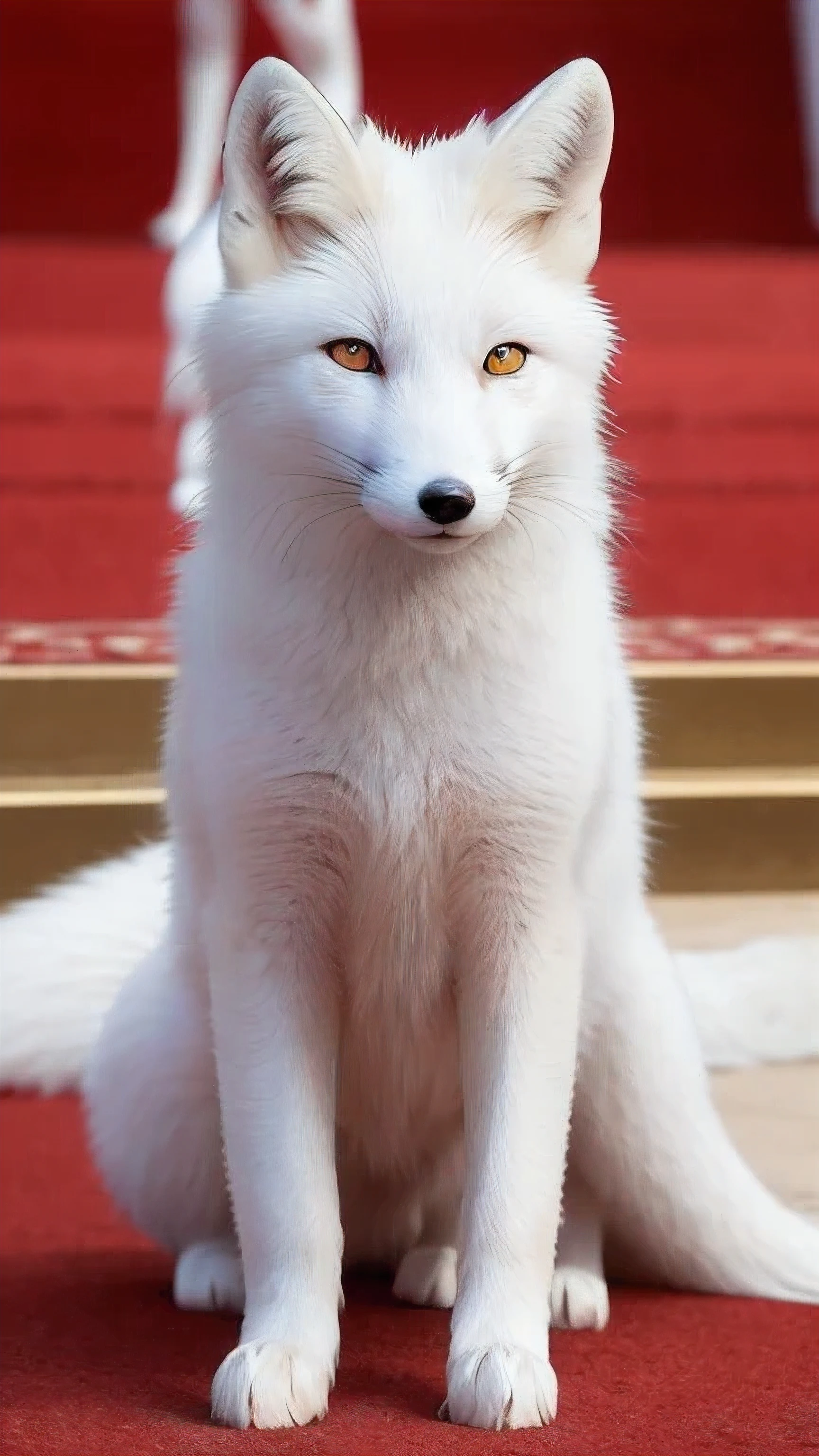 masterpiece, ((White fox)), highest quality, Front view, crawl on all fours, 8K, 4K, head shot, golden color background, temple, pure white fox, 一匹のWhite fox, Mr. Inari, Red front cover, On the red carpet, Front viewing, head shot, look at me,