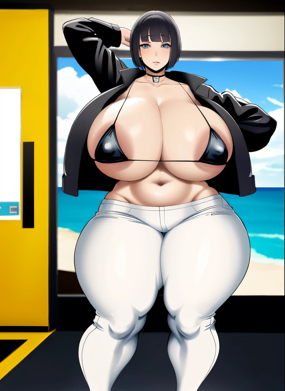 detailed, hd, standing, 1girl, big breasts, solo, jacket, pants, swimsuit, bikini top, navel, black hair, photo background, blurry background, choker, arms behind head, black jacket, looking at viewer, bangs, open jacket, white pants, cleavage, short hair, freckles, dutch angle, curvy, big ass, high heels
