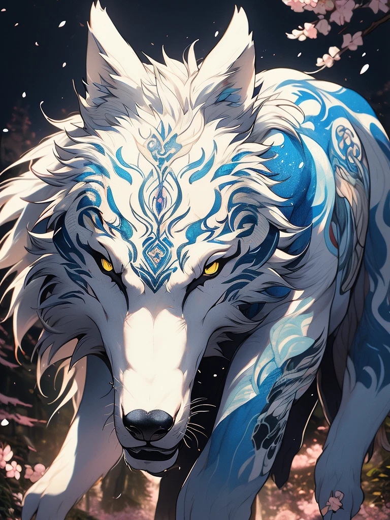 The most beautiful and enchanted wolf spirit, white hair, glowing yellow eyes, tons of tattoos and piercings, in the most beautiful enchanted forest, graffiti and kanji elements in the background, cherry blossoms blowing in the wind, highly detailed, perfect masterpiece, high quality, high resolution