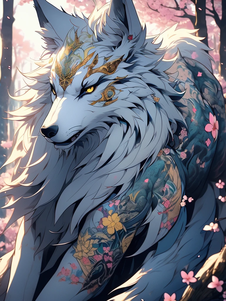 The most beautiful and enchanted wolf spirit, white hair, glowing yellow eyes, tons of tattoos and piercings, in the most beautiful enchanted forest, graffiti and kanji elements in the background, cherry blossoms blowing in the wind, highly detailed, perfect masterpiece, high quality, high resolution