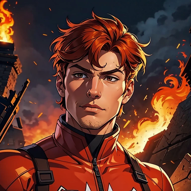 A young guy with (ginger) shaggy hair in a red fire hero suit and red face mask over his eyes with dark brown eyes, he's in dc comic hero style