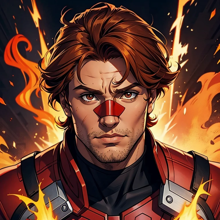A young guy with (ginger) shaggy hair in a red fire hero suit and red face mask over his eyes with dark brown eyes, he's in dc comic hero style