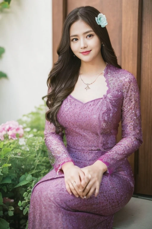 woman((30year old)), hair((dark brown, wavy)), eyes((brown, big eyes)), ((long sleeves, vintage dress, floral, magenta, high heels)), accessories ((diamond necklace)), gigantic breast, big boobs, classic house, korean make-up look, smiling, full perfect body