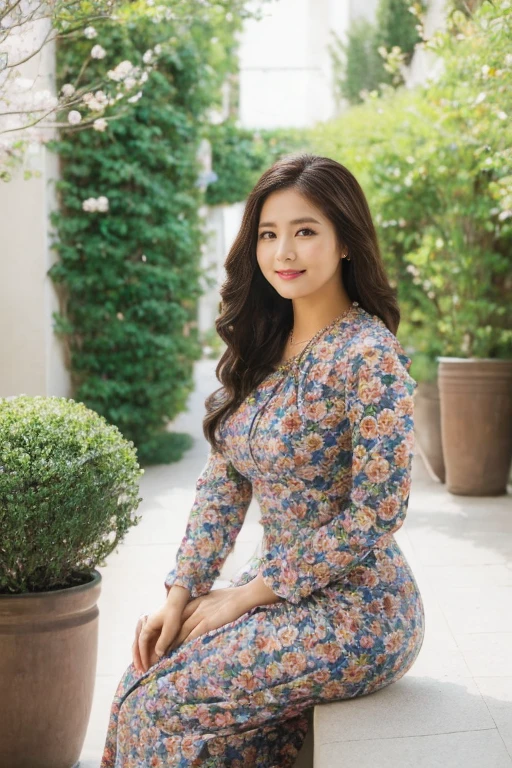 woman((30year old)), hair((dark brown, wavy)), eyes((brown, big eyes)), ((long sleeves, vintage dress, floral, magenta, high heels)), accessories ((diamond necklace)), gigantic breast, big boobs, classic house, korean make-up look, smiling, full perfect body