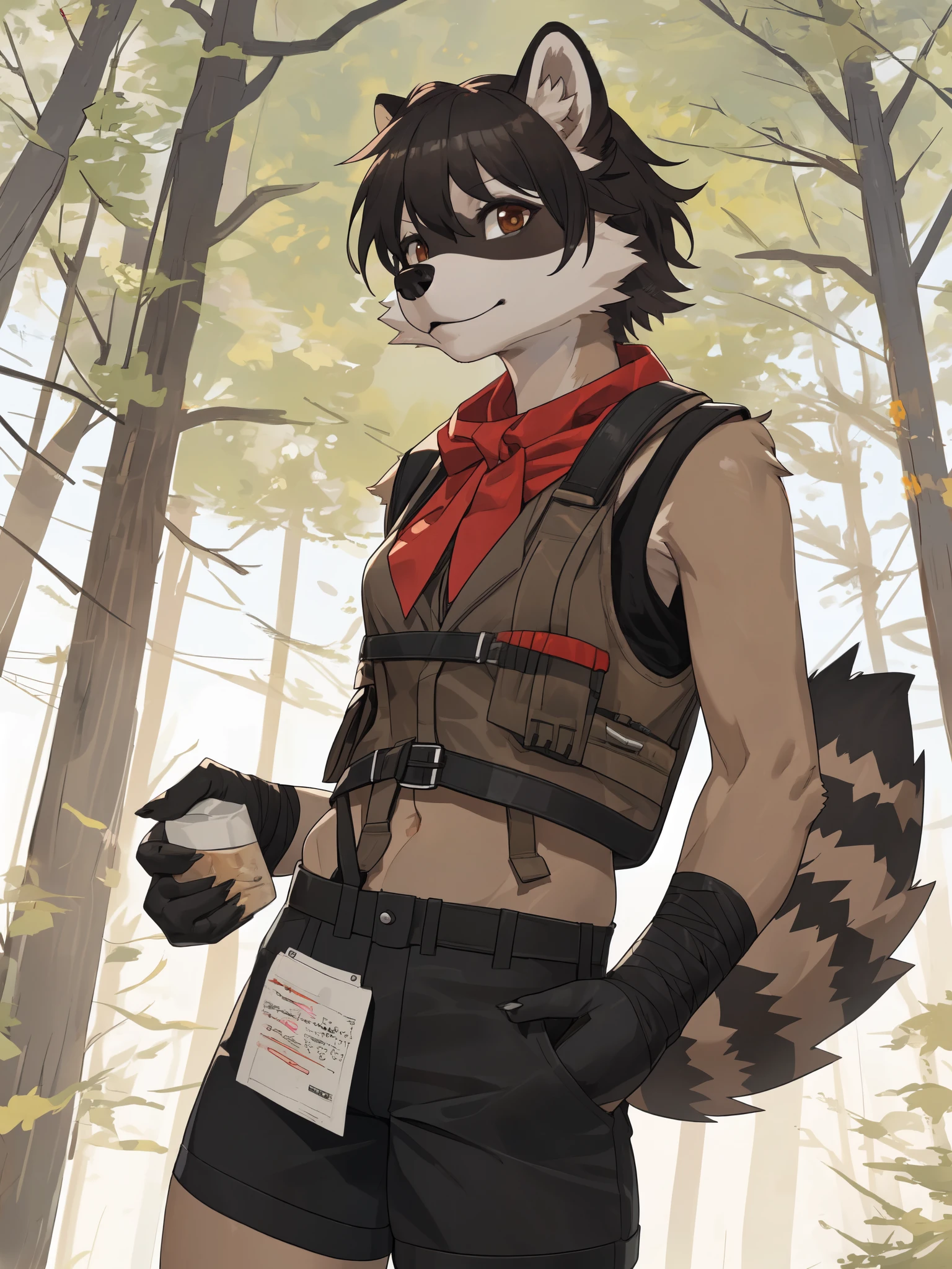 By gudlmok99, by hioshiru,  solo, ((snout, ears)), female raccoon girl, short black messy hair, light brown body, brown eyes, raccoon tail, cute snout, black nose, tall slender body, thick thighs, cute raccoon tail, black sleeveless leather vest, red bandana around neck, black fingerless gloves, dirty fur, black leather shorts,  barefoot, beautiful feet, feet wrapped in bandages, foot wraps, feet paws, 4 toes, black claws, wearing a small backpack, in an industrial camp