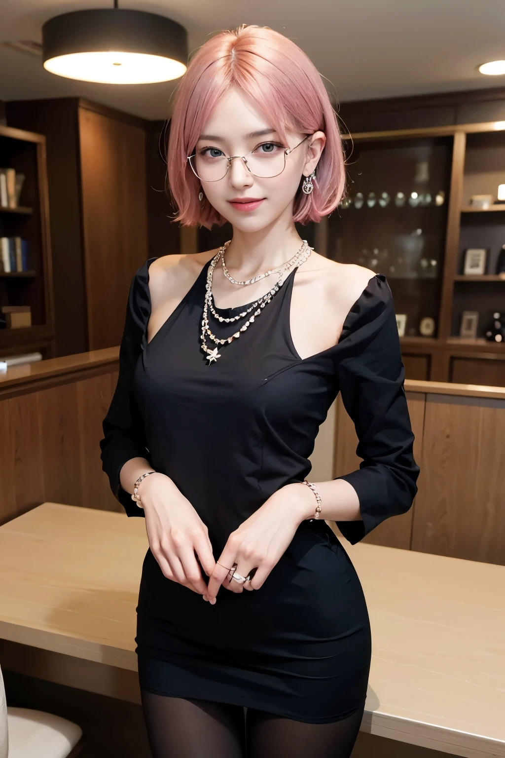(8K, top-quality, masterpiece:1,2), (reallistic, Photorealsitic:1.37), Super Detail, One girl,), (Highly detailed), (beautifully detailed eyes), (of the highest quality), (super detailed ), (masterpiece), (Detailed face),20yr old, ,1 girl, full body, pink hair,Very short hair, medium breasts, clothed, Perfect Lighting, pussy and breast focus, looking at viewer, aroused face, naughty face, (high quality:1.5) A realistic woman wearing a classic and elegant black dress with a simple pattern, paired with black tights. She has a confident and intelligent smile, with well-shaped natural eyebrows and slightly larger, captivating eyes. (high quality:1.3) She wears simple and sophisticated glasses, as well as elegant accessories such as a pearl necklace and earrings. (high quality:1.2) She stands with a beautiful posture, standing tall with her chest out and her back straight. Her hands are naturally relaxed, with the fingertips looking neat and graceful. (high quality:1.1) The background features an office setting or a modern interior room, creating a professional impression. The color tone is bright and unified, with a moderate brightness and depth. Incorporate office elements such as bookshelves and desks into the background.