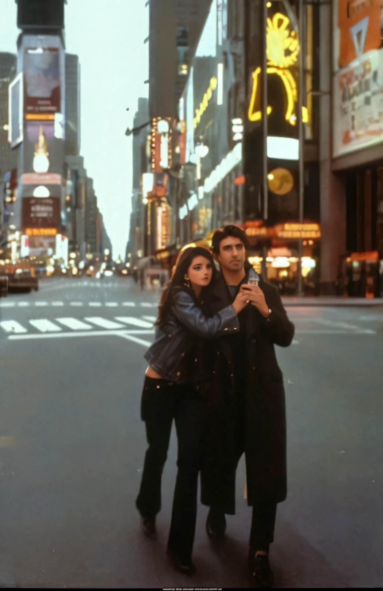 penelope and faaris azura standing on the street in the city, high resolution film still, high quality film still, 1995 movie, 9 0 s romantic movie, faaris azura and penelope cruz in time square new york, faaris azura blue eyes