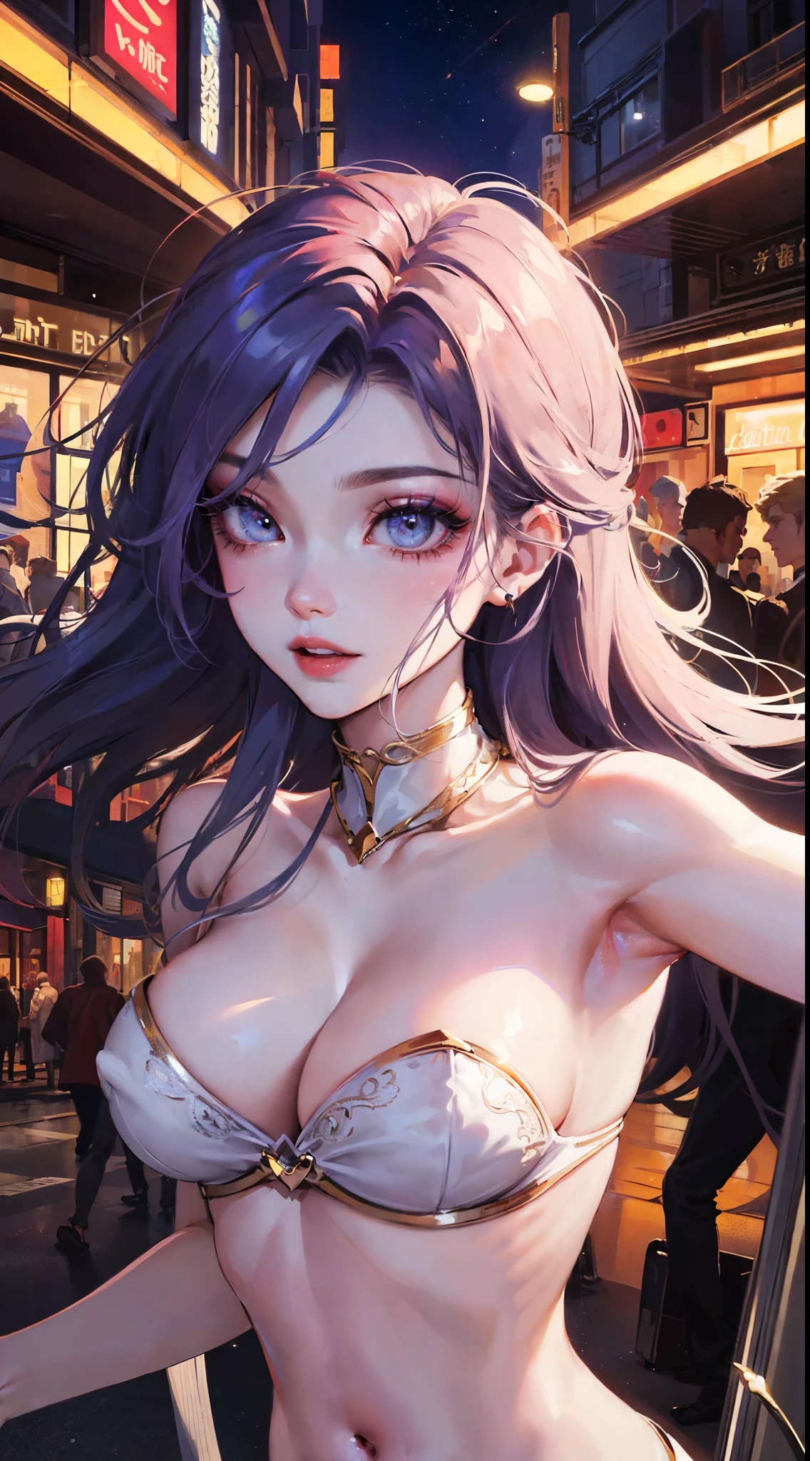 Jinx, Fleshy thighs, Instagram pose, Crop top,Nipples, Simetall,C cup, Show armpits, Happy expression, (entire body image:1.5), (8K, Best quality, A high resolution:1.35), (RAW photo:1.2), (Photorealsitic:1.37), (Masterpiece: 1.25), perspired: 0.2, Dramatic lighting, photon maping, Radio City, symmetry, Complexity, Elegance, ((1 girl)), Large of breast, (Long eyelashes), detailed eyelashes, eye shadows, glowing eyes, Natural makeup, Clear facial features, curvy build, (Exposed cleavage), (Showing stomach), ((Fine detailed beautiful eyes: 1.2)), (topless, Bad girl, Erotic, Street background, Night City, ((Night))