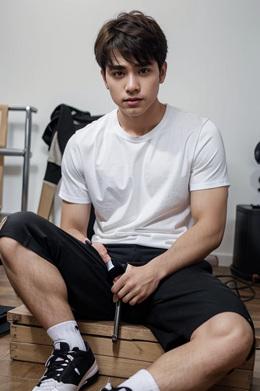 boy wearing white shirt and black short pants sitting on tools