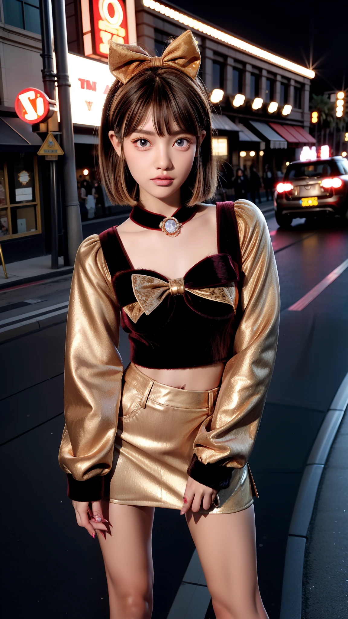 Caramel sunburn wolf cut hair without bangs, Trapped In Glitz Long Sleeve Top, mini skirt has a velvet construction, faux fur trim, a front bow applique, and an all over Bratz glitter print, beautiful eyes, Striking a pose, innocent, on los angeles street, night, upper image, midshot, centered image, two meters distance for shoot