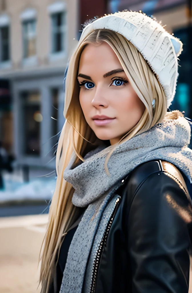 hyper-realistic detailed photo of a beautiful blonde female named Madison Taylor, thin face, blonde hair, perfect body, wearing trendy street clothes in winter