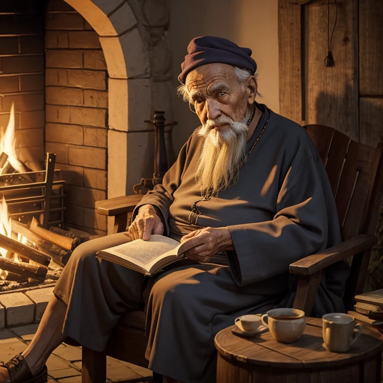 Gennerer an old wise man ready to tell the stories sitting in front of the fire 