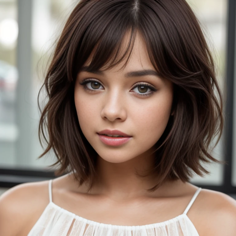 a close up of a woman with a cabello cortocut wearing a white dress, Retrato de Sophie Mudd, Short brown hair and large eyes, cabello corto, with cabello corto, con un corte bob, hermosa modelo femenina, muy bonita modelo, hermosa chica modelo, hermosa chica modelo, cabello cortocut, foto de una mujer hermosa, Bob French, natural cabello corto, Short brown hair