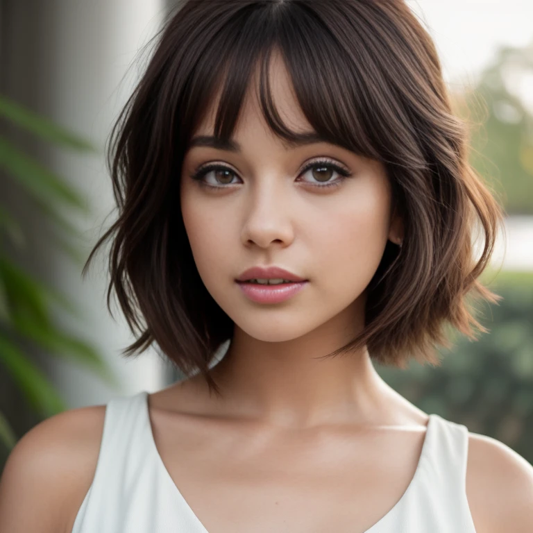 a close up of a woman with a cabello cortocut wearing a white dress, Retrato de Sophie Mudd, Short brown hair and large eyes, cabello corto, with cabello corto, con un corte bob, hermosa modelo femenina, muy bonita modelo, hermosa chica modelo, hermosa chica modelo, cabello cortocut, foto de una mujer hermosa, Bob French, natural cabello corto, Short brown hair