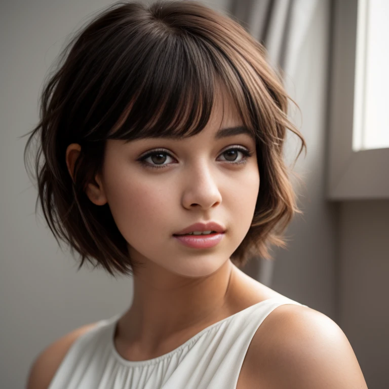 a close up of a woman with a cabello cortocut wearing a white dress, Retrato de Sophie Mudd, Short brown hair and large eyes, cabello corto, with cabello corto, con un corte bob, hermosa modelo femenina, muy bonita modelo, hermosa chica modelo, hermosa chica modelo, cabello cortocut, foto de una mujer hermosa, Bob French, natural cabello corto, Short brown hair