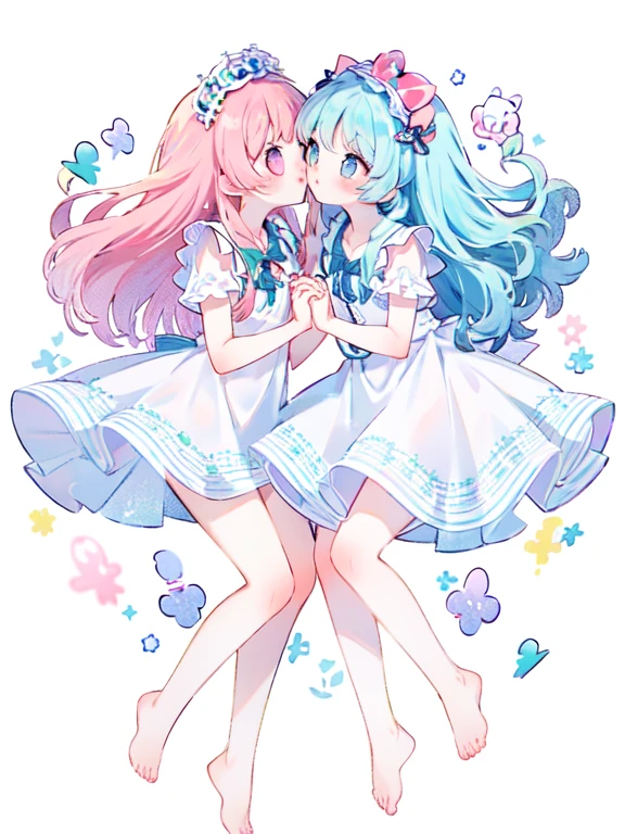 （kiss on the lips:1.1），(2girls:1.1),(holding hands:1.1)，Two girls look at each other affectionately，Pale pink pupils，Transparent pink lolita，whole body，barefoot，lace，cute，pastel colors，fair skin，The skin is delicate and shiny，