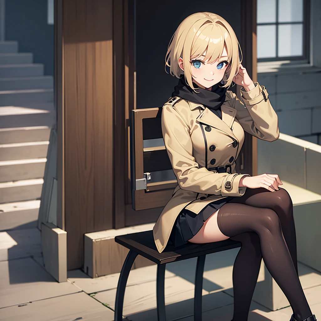 Masterpiece, solo, 1girl, smiling, scarf, double breasted trench coat, short skirt, short blonde hair, sitting cross legged, Amsterdam