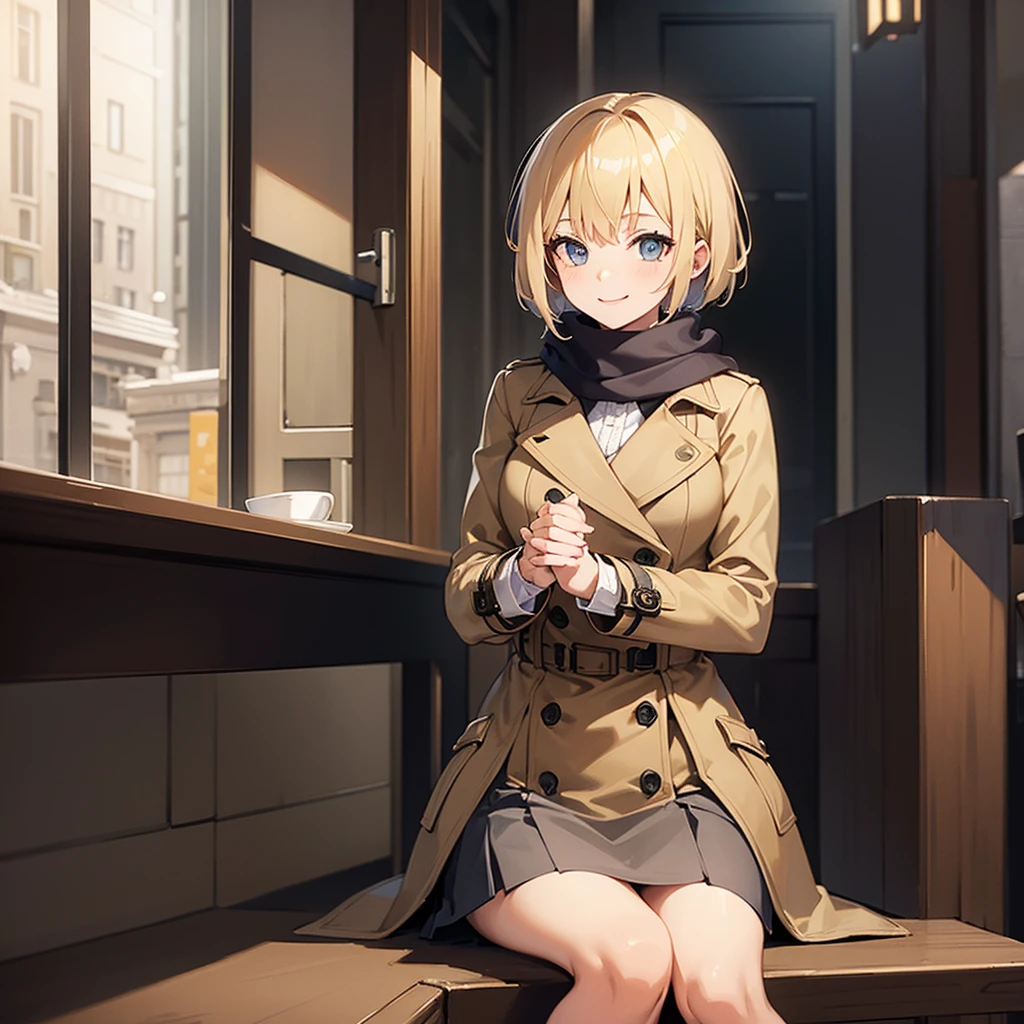 Masterpiece, solo, 1girl, smiling, scarf, double breasted trench coat, short skirt, short blonde hair, sitting cross legged, Amsterdam