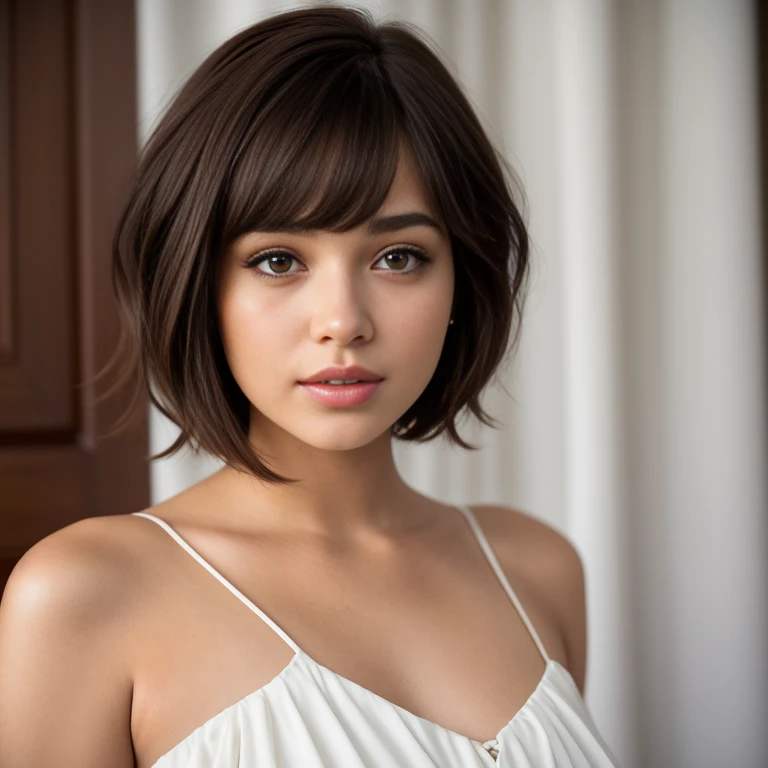 a close up of a woman with a cabello cortocut wearing a white dress, Retrato de Sophie Mudd, Short brown hair and large eyes, cabello corto, with cabello corto, con un corte bob, hermosa modelo femenina, muy bonita modelo, hermosa chica modelo, hermosa chica modelo, cabello cortocut, foto de una mujer hermosa, Bob French, natural cabello corto, Short brown hair , Half-length photography 
