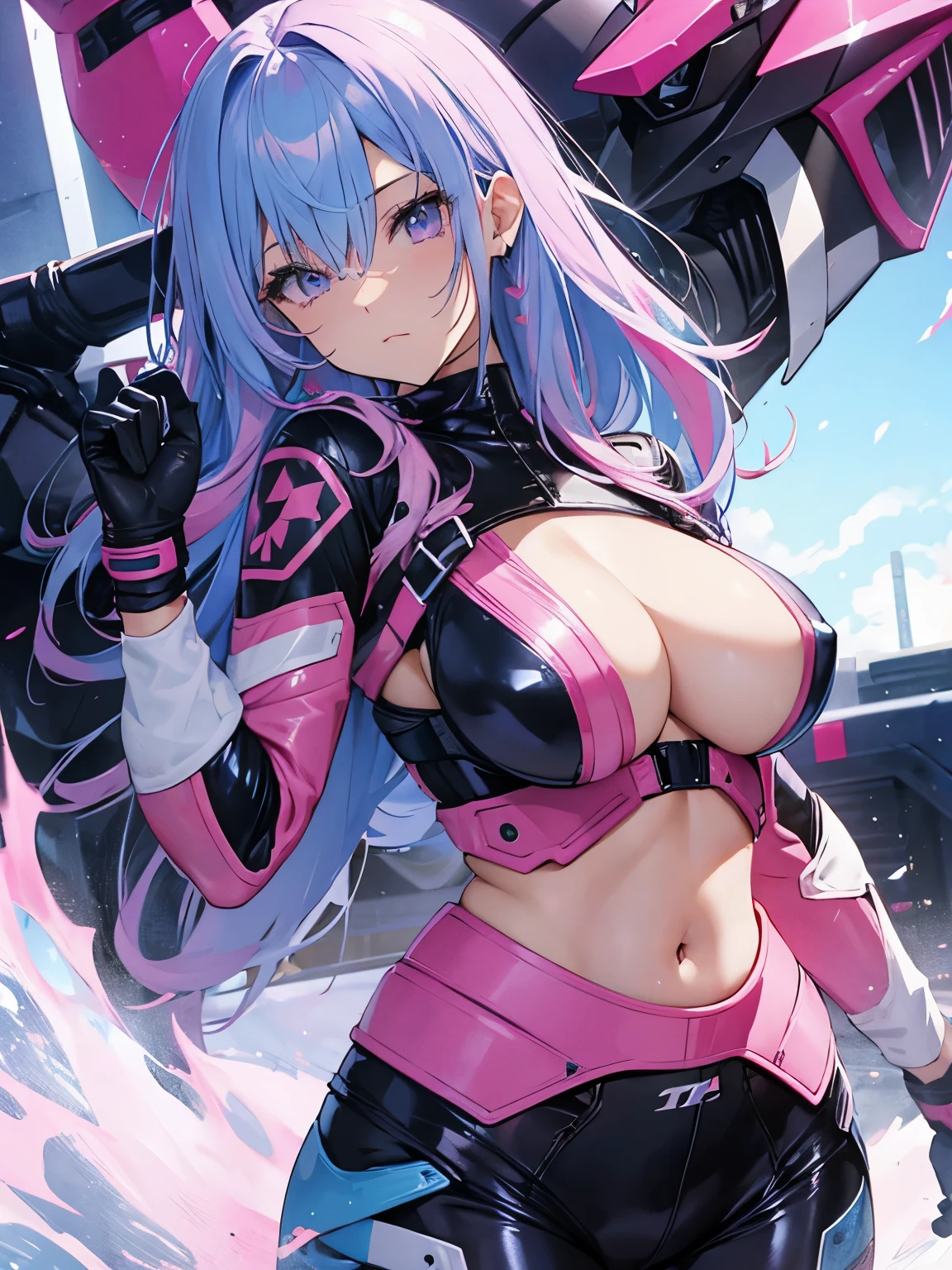 Blue and pink hair pink eyes rubber suit motorbiker tits gloves sexy