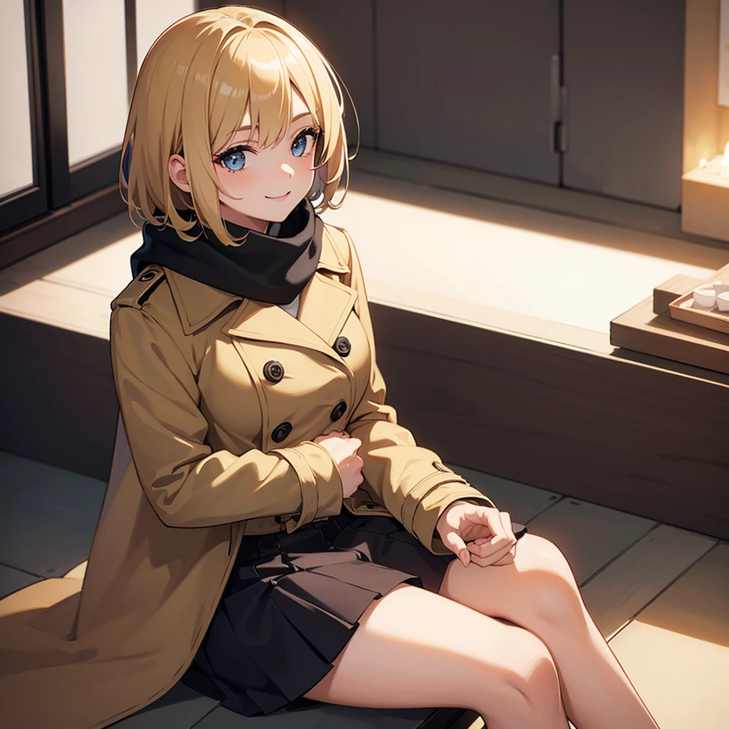 Masterpiece, solo, 1girl, smiling, scarf, double breasted trench coat, short skirt, short blonde hair, sitting cross legged, Amsterdam