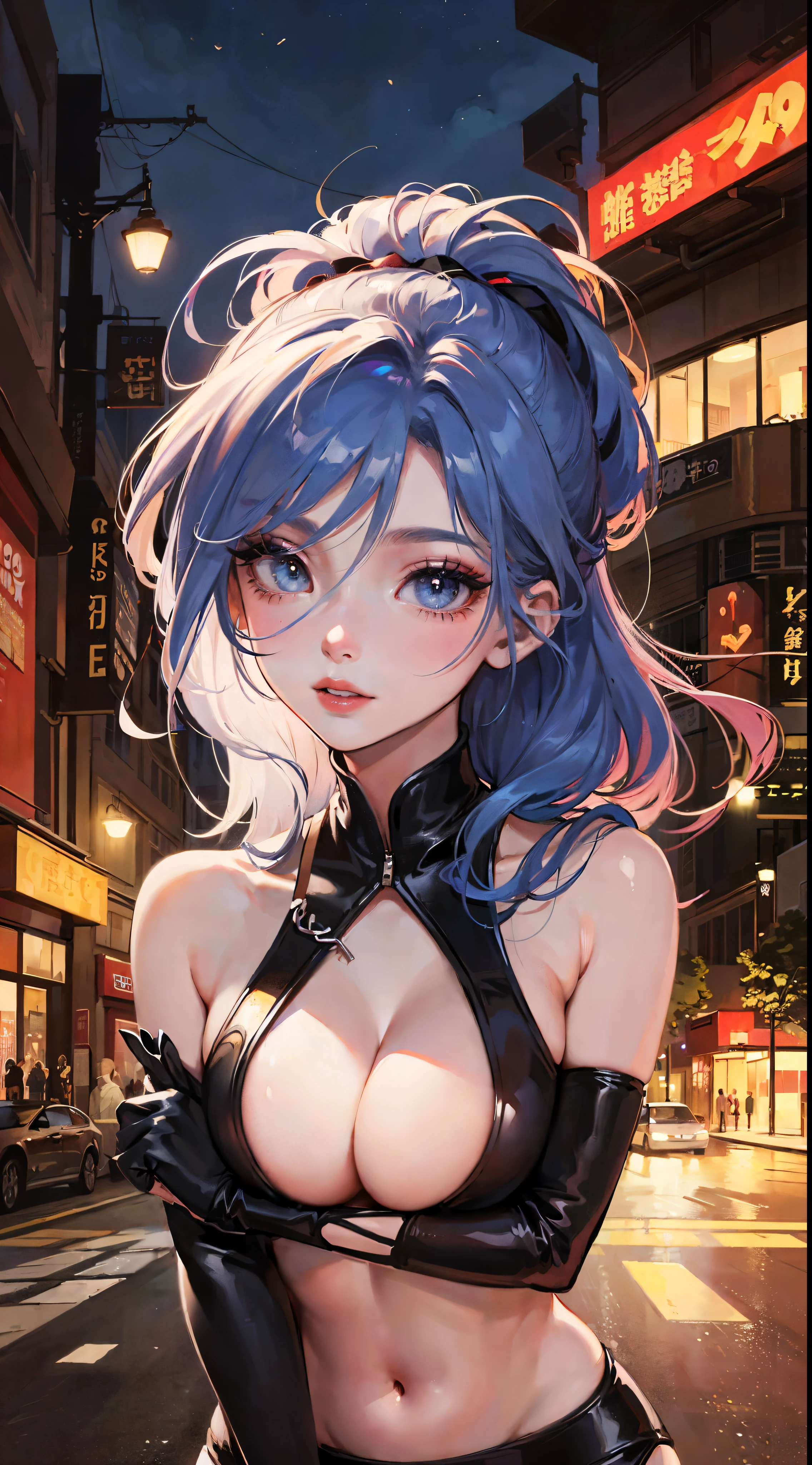 Jinx, Fleshy thighs, Instagram pose,Crop top,Nipples, Simetall,C cup, Happy expression, (entire body image:1.5), (8K, Best quality, A high resolution:1.35), (RAW photo:1.2), (Photorealsitic:1.37), (Masterpiece: 1.25), perspired: 0.2, Dramatic lighting, photon maping, Radio City, symmetry, Complexity, Elegance, ((1 girl)), Large of breast, (Long eyelashes), detailed eyelashes, eye shadows, glowing eyes, Natural makeup, Clear facial features, curvy build, (Exposed cleavage), (Showing stomach), ((Fine detailed beautiful eyes: 1.2)), (topless, Bad girl, Erotic, Street background, Night City, ((Night))