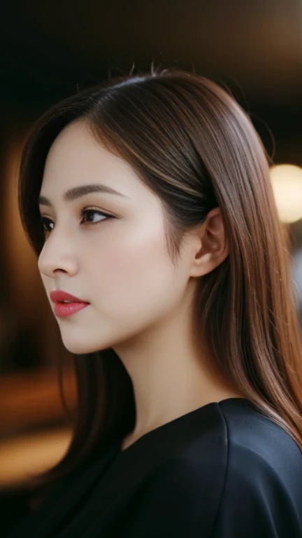 ((Angelina Sole)),((highest quality, 8K, masterpiece : 1.3)), sharp focus : 1.2, beautiful woman with perfect figure : 1.4, slim abs : 1.2, ((dark brown hair)), (Natural light, city street : 1.1), Highly detailed face and skin texture, fine eyes, double eyelid、((professional makeup:1.3))、((sexy milf:1.3))、thick lips、lip gloss、eye make up、Downcast eyes、black dress、Dorsal、profile、Elbows on the table、inside a dark restaurant、