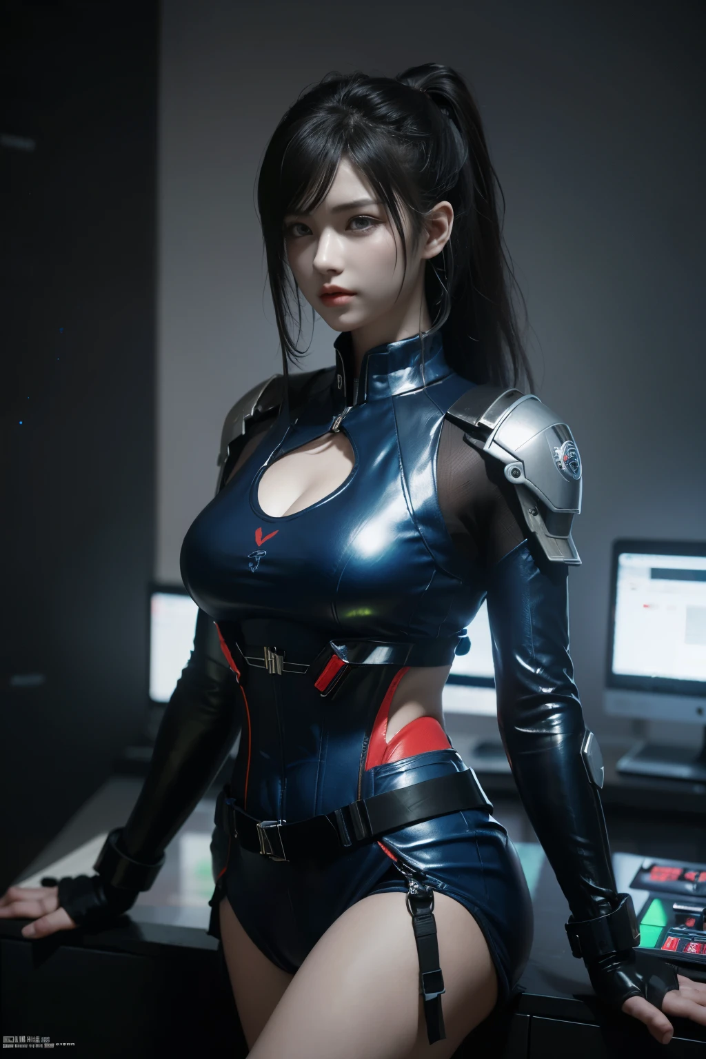 Game art,The best picture quality,Highest resolution,8K,((A bust photograph)),((Portrait)),(Rule of thirds),Unreal Engine 5 rendering works, (The Girl of the Future),(Female Warrior),
22岁少女,(Female hackers),(Long hair casual),(A beautiful eye full of detail),(Big breasts),(Eye shadow),优雅迷人,微笑,(皱眉),(Battle suits of the future,Features of Cyberpunk Fighter Clothing,Joint Armor,The dress has a fine pattern and badge,Red and blue),赛博朋克人物,未来风格, (I'm operating a computer terminal,Computer of the future,Holographic display screen),
Movie lights,Ray tracing,Game CG,((3D Unreal Engine)),oc渲染反射纹