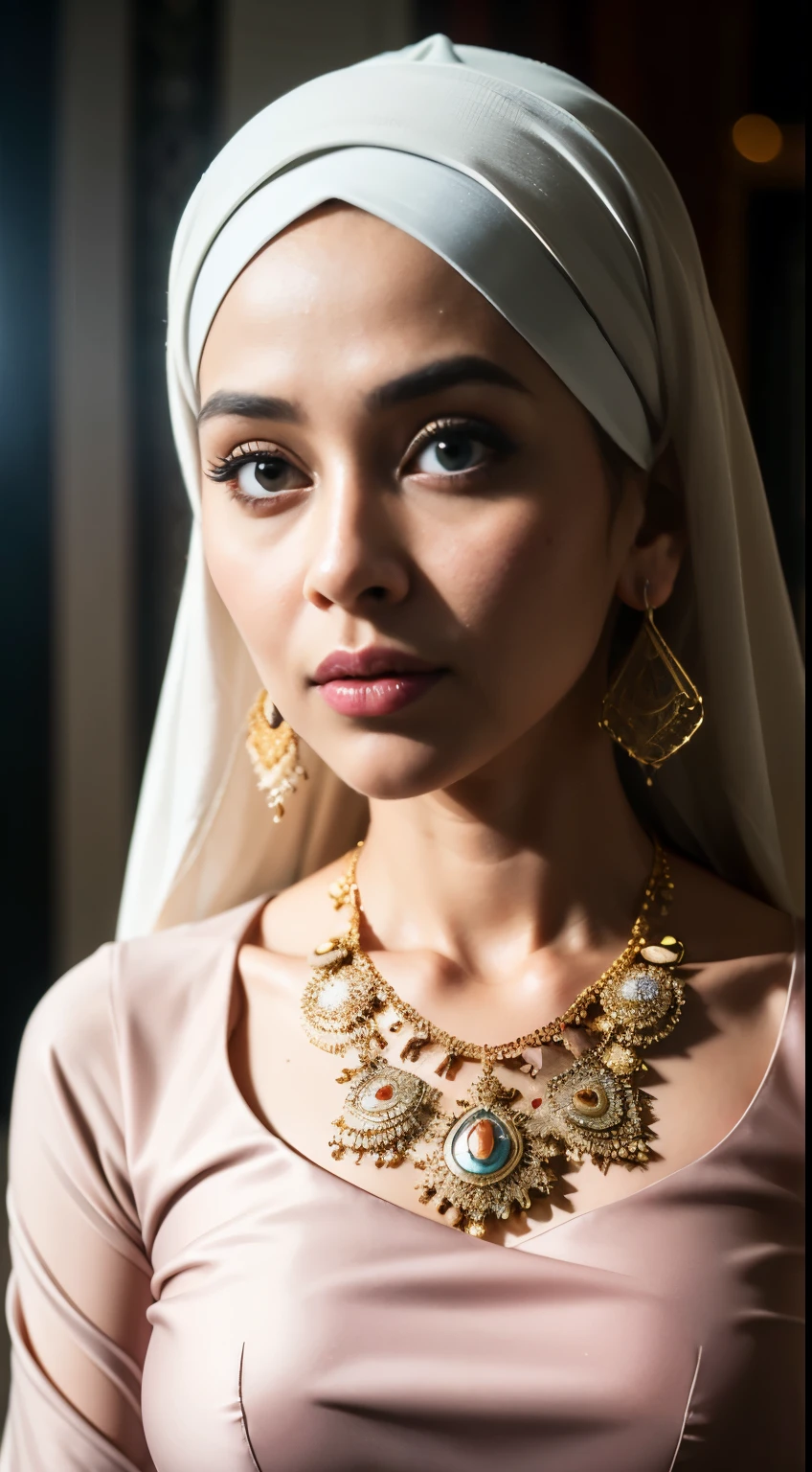 1 swedish girl , modern plain hijab,  shy, medium portrait shot , watery  eyes , watery lips, big eyes, ((big breast )) , soft smile, full_body, woman malay in hijap, wearing java wedding woman in red long kebaya dress traditional, glossy lipstick, golden necklace, earrings, ornate,intricate decoration, detail, flowers, blurry background, soft focus
