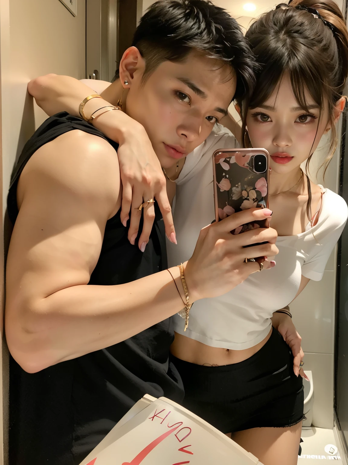 There's a man and a woman taking a selfie in the bathroom, Jeon JungKook, Lalisa Manobal, JungKook e Lalisa, 🤬 😻💕 🎀, Lalisa Manobal e JungKook, imagem vazada, Lalisa Manobal, Lalisa Manobal e Jeon JungKook, pose de casal, Jeon JungKook, Lalisa Manobal🔥 😎 🕹️ 👀 :2