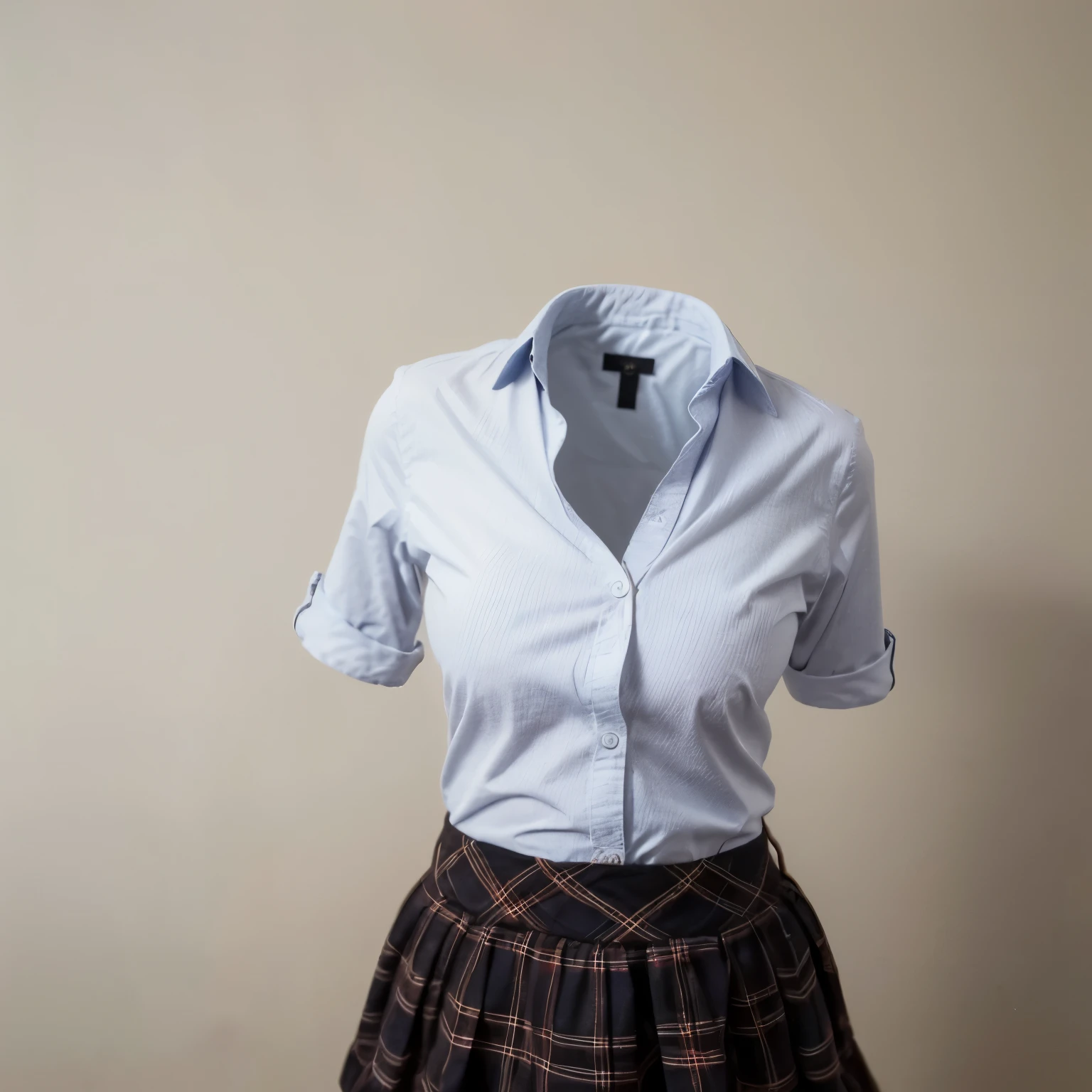 school uniform, cute pose, (invisible, no humans, headless, faceless:1.5), (close-up to breasts), cute big breasts, chubby, fat, plaid skirt, stripe tie, frilled blouse