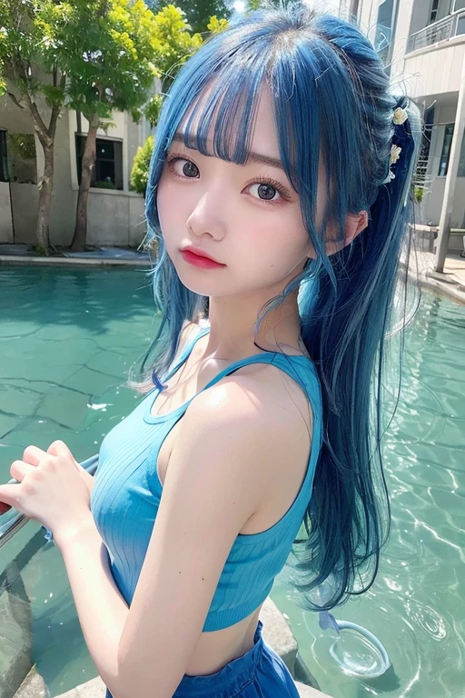 highest quality、Super high resolution、(Photoreal:1.4)、(Ulzzang-6500:0.4)、small breasts、very small breasts、realistic eyes, thin narrow eyes、crop top、Tank top、wear see-through shirts、mini skirt、thin、A thin、slender body line