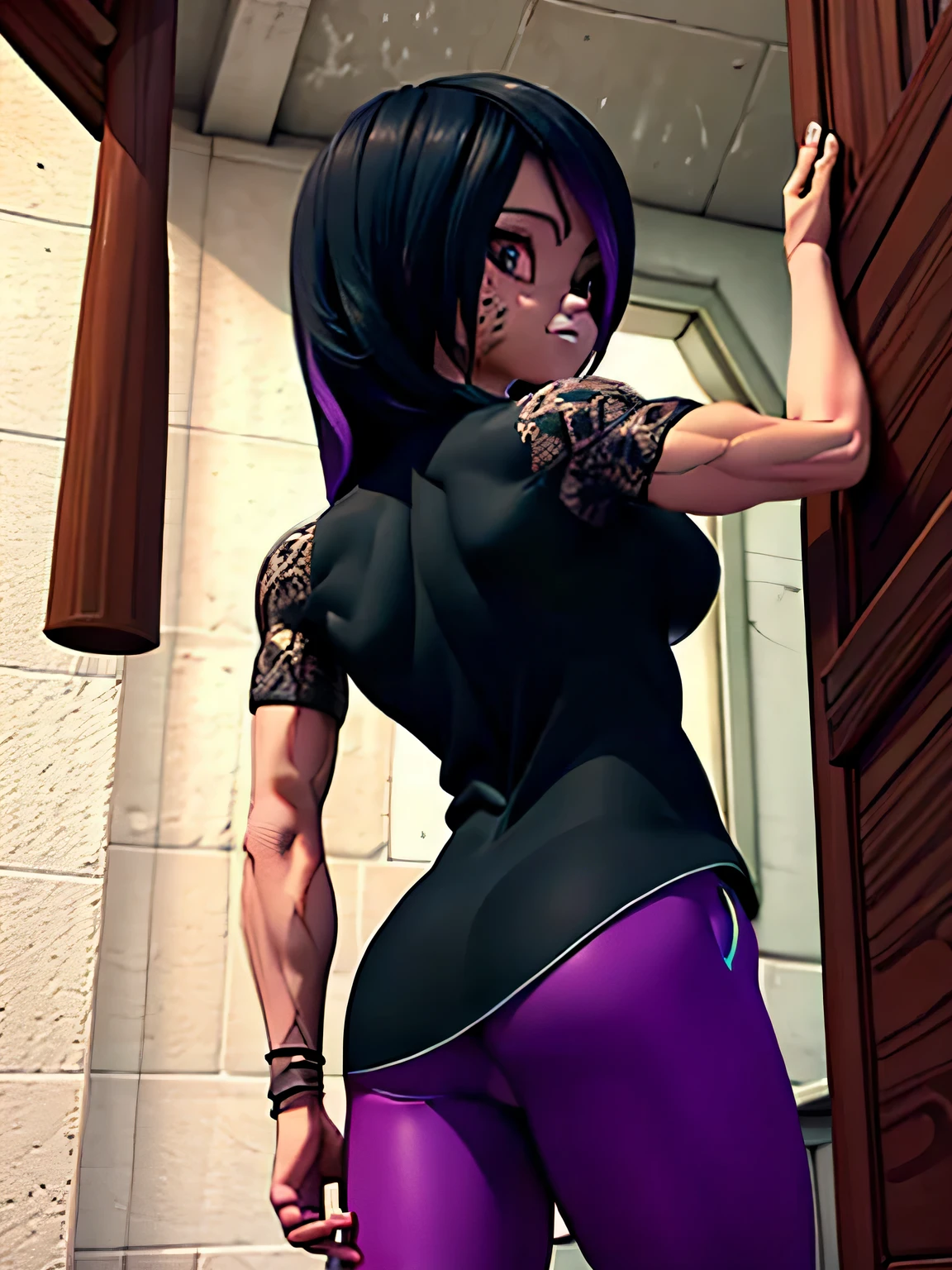 1 girl, ((muscular)) toned body, black hair, perky breasts, long hair, from behind, big ass, big meaty thigh's, thick muscular neck, matching neck, matching trapezius muscles, matching hair, bodybuilder, fighter, killing machine, human killer, blood on her face, muscular, bob hair, busty, sexy, curvy, upper , from back angle, armpit, masterpiece, best quality, high quality, high definition, high quality texture, high quality shadow, high detail, beautiful detailed, fine detailed, extremely detailed cg, detailed texture, a realistic representation of the face, realistic, colorful , delicate, cinematic light, side light, Lens Flare, Ray Tracing, tailed beautiful delicate face, detailed beautiful delicate eyes, mature, (tank top and leggings),,back muscle and glutes ,great detail, insane detail, intricate detail, beautiful color grading, incredibly detailed and intricate, hyper maximal, elegant, hyperrealistic, super detailed , thick muscular neck, matching neck, matching trapezius muscles, matching hair, slight smirk, neutral stare, glowing red eye-sight contrast, (8K UHD:1.2),black and purple hair, long hair, black-top, purple-skirt ,bored, pompadour cut, muscular, toned, navel, Glutes, thick thighs, broad shoulders, big arm muscles, tricep's, meaty leg muscles, big upper body, big muscular upper body, muscle being shown in clothes , thick eyelashes, makeup