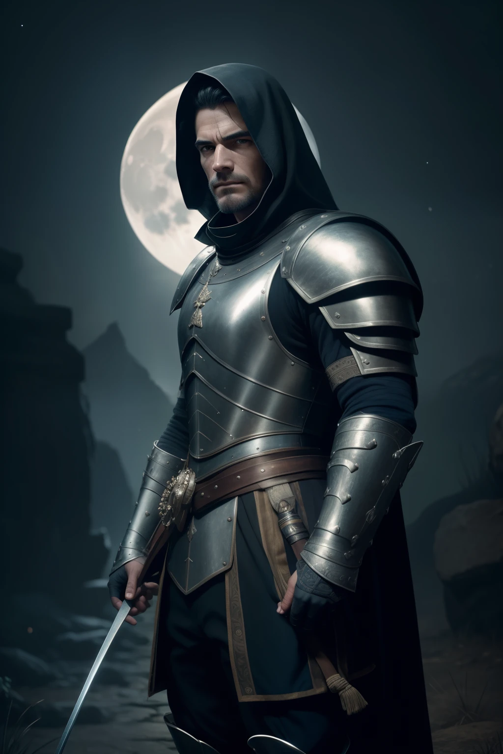 A 17th century fencing man, heroic and steadfast, is depicted in this portrait under the dim moonlight. The shadows accentuate his strong determination and unwavering gaze. Captured with a Canon EOS 5D by the renowned photographer Cecil Beaton --v. This masterpiece embodies realistic detailing with a high resolution of 20MP, revealing every texture and wrinkle on his armored skin. The moonlit environment sets a captivating and mysterious tone, creating an intriguing and visually stunning image. (Detailed facial features and finely detailed skin) (Cinematic lighting) (Dramatic Lighting) (Best Quality) (Ul