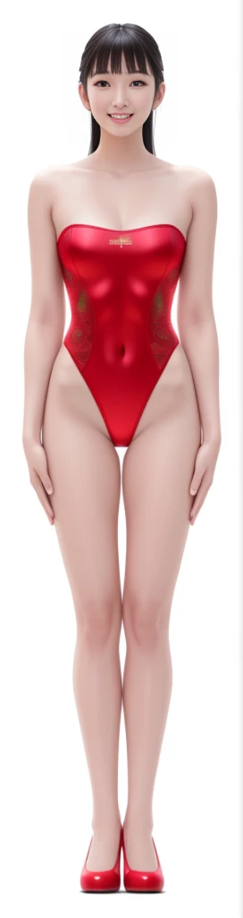 On a white background,A tall and beautiful Chinese girl,with fair skin,Toothy smile,A big smile,When you laugh, Your eyes are crescent-shaped,blunt bangs, long straight hair,Wear a one-piece swimsuit and pumps,Swimsuits are decorated with joyful patterns, Stand up straight,Stand upright,hands on sides,Symmetrical distribution,Ray tracing,All shaded areas,No windows, Soft lighting, Warm light, flood light, no lights on the top, Studio light, 1.4x Realistic Ultra HD