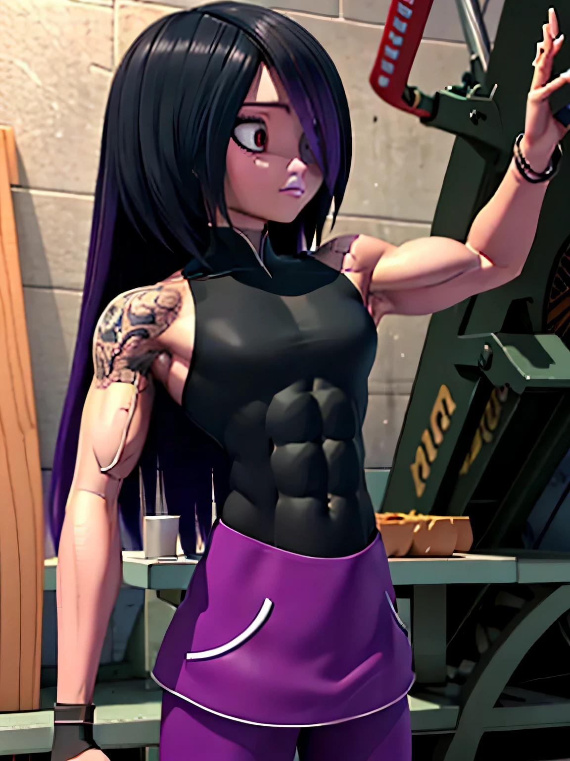 1 girl, ((muscular)) toned body, black hair, perky breasts, long hair, from behind, big ass, big meaty thigh's, thick muscular neck, matching neck, matching trapezius muscles, matching hair, bodybuilder, fighter, killing machine, human killer, blood on her face, muscular, bob hair, busty, sexy, curvy, upper , from back angle, armpit, masterpiece, best quality, high quality, high definition, high quality texture, high quality shadow, high detail, beautiful detailed, fine detailed, extremely detailed cg, detailed texture, a realistic representation of the face, realistic, colorful , delicate, cinematic light, side light, Lens Flare, Ray Tracing, tailed beautiful delicate face, detailed beautiful delicate eyes, mature, (tank top and leggings),,back muscle and glutes ,great detail, insane detail, intricate detail, beautiful color grading, incredibly detailed and intricate, hyper maximal, elegant, hyperrealistic, super detailed , thick muscular neck, matching neck, matching trapezius muscles, matching hair, slight smirk, neutral stare, glowing red eye-sight contrast, (8K UHD:1.2),black and purple hair, long hair, black-top, purple-skirt ,bored, pompadour cut, muscular, toned, navel, Glutes, thick thighs, broad shoulders, big arm muscles, tricep's, meaty leg muscles, big upper body, big muscular upper body, muscle being shown in clothes , thick eyelashes, makeup