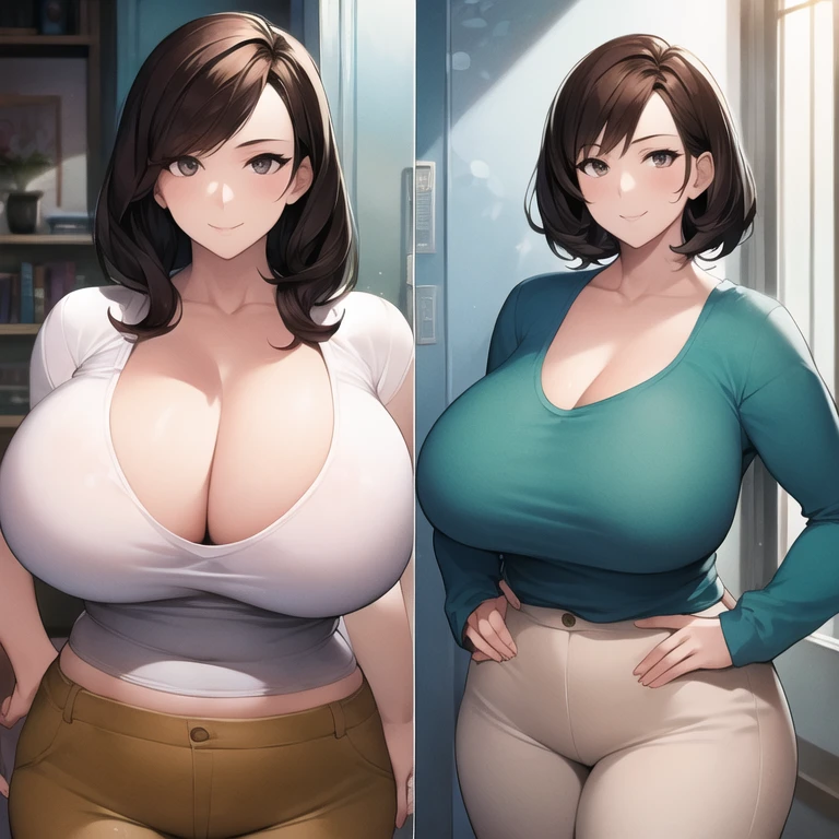 ((masterpiece)), ((best quality)), (ultra-detailed), (realistic), beautiful face, detailed hands, expressive eyes, 1girl, solo, mature female, milf, motherly, huge breasts, narrow waist, wide hips, curvy, straight hair, short hair, brown hair, hazel eyes, beige shirt, blue pants, cleavage, standing, smile, hands on hips, looking at viewer, indoors