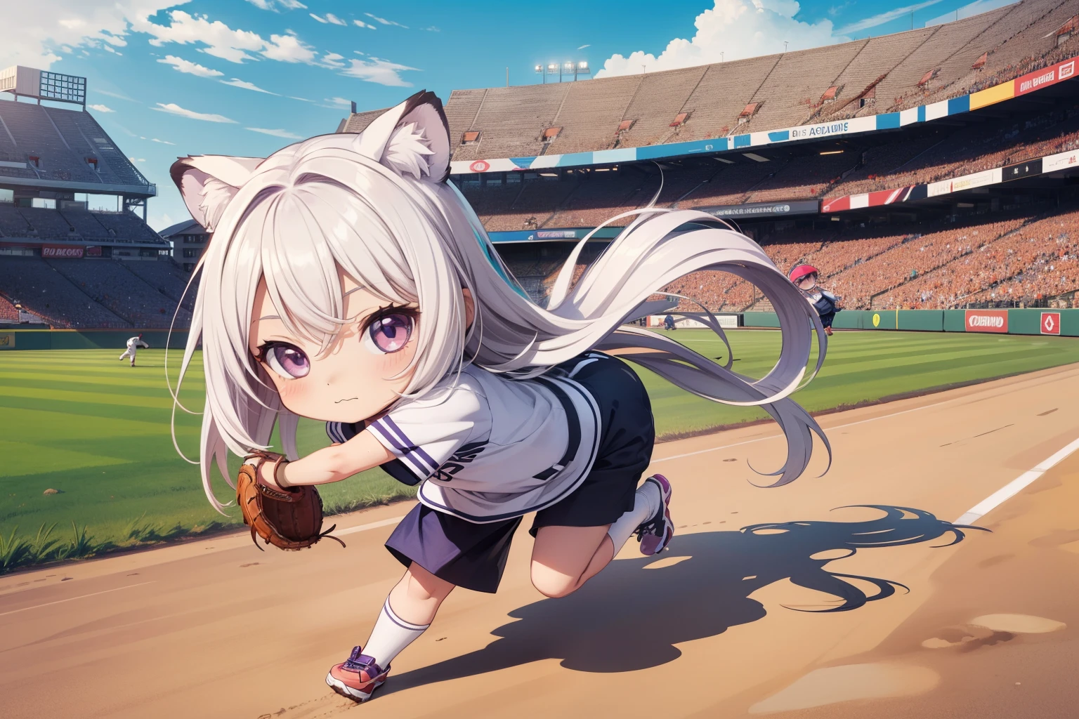 ((chibi:1.5)), (masterpiece), (best quality), high resolution, ultra detail, photorealistic, 8K
BREAK
1girl, cute girl, glowing purple eyes, beautiful purple eyes, beautiful eyes, white hair, long hair, straight hair, white tiger ears
BREAK
female baseball player, baseball uniform, white shirt, leaning forward, Sprinting, baseball Ground