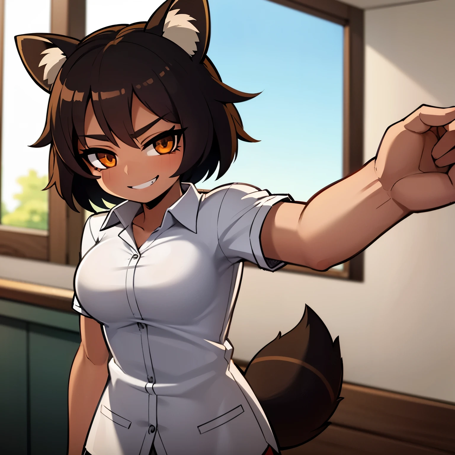 Anime image of a girl with short brown hair, very tanned and brown skin, she has raccoon ears and a tail., usa un uniforme de colegiala muy ajustado, She is very muscular and smiles sadistically while in a classroom