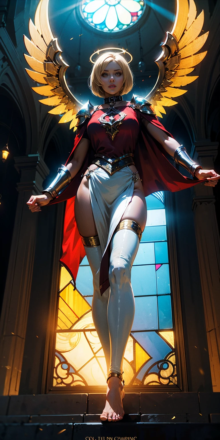 low angle, from below, paladin templar lady in white tabard, legwear, glowing yellow eyes, collar, golden chainmail, wide hips, barefoot, angel wings, pauldrons, halo, bob cut, blonde, eye focus, red cape, temple indoors, decorations, stained glass windows, night, particles, chromatic aberration, detailed, cinematic, dark scene, fantasy