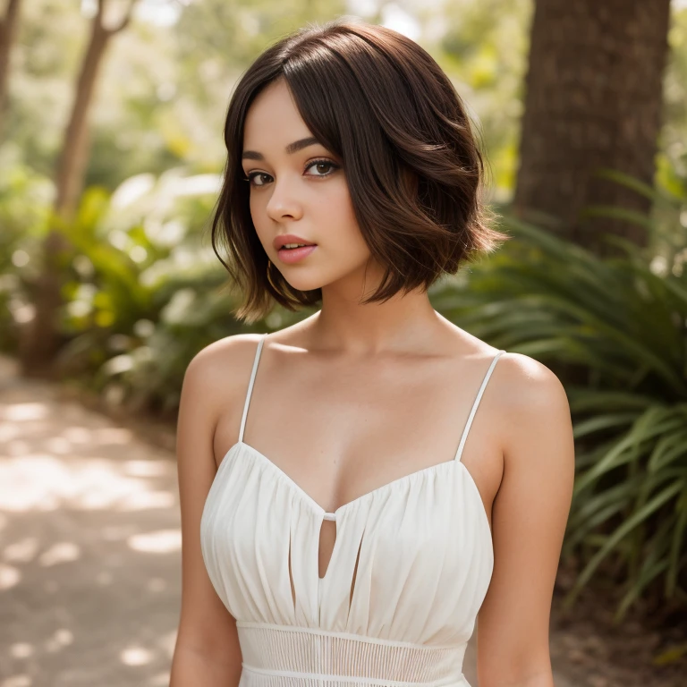 a close up of a woman with a cabello cortocut wearing a white dress, Retrato de Sophie Mudd, Short brown hair and large eyes, cabello corto, with cabello corto, con un corte bob, hermosa modelo femenina, muy bonita modelo, hermosa chica modelo, hermosa chica modelo, cabello cortocut, foto de una mujer hermosa, Bob French, natural cabello corto, Short brown hair , full body photography 