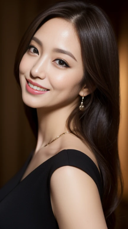 ((Angelina Sole)),((highest quality, 8K, masterpiece : 1.3)), sharp focus : 1.2, beautiful woman with perfect figure : 1.4, slim abs : 1.2, ((long dark brown hair)), (Natural light, city street : 1.1), Highly detailed face and skin texture, fine eyes, double eyelid、((professional makeup:1.3))、((sexy milf:1.3))、thick lips、lip gloss、eye make up、smile、look back、Are standing、Inside a dimly lit luxury restaurant、black slim dress、