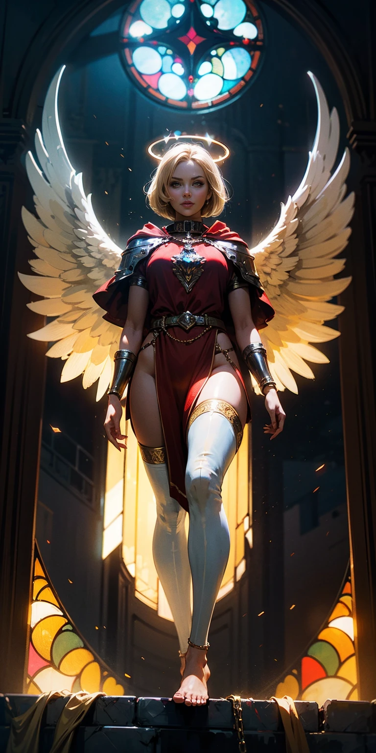 low angle, from below, paladin templar lady in white tabard, legwear, glowing yellow eyes, collar, golden chainmail, wide hips, barefoot, angel wings, pauldrons, halo, bob cut, blonde, eye focus, red cape, temple indoors, decorations, stained glass windows, night, particles, chromatic aberration, detailed, cinematic, dark scene, fantasy
