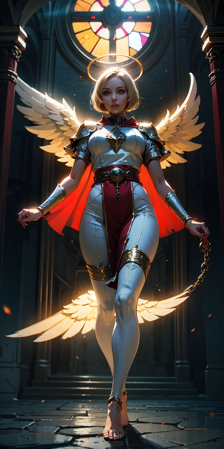 low angle, from below, paladin templar lady in white tabard, legwear, glowing yellow eyes, collar, golden chainmail, wide hips, barefoot, angel wings, pauldrons, halo, bob cut, blonde, eye focus, red cape, temple indoors, decorations, stained glass windows, night, particles, chromatic aberration, detailed, cinematic, dark scene, fantasy