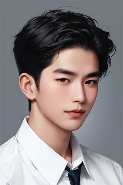 HANDSOME asian MAN,30 years old,White stand-up collar shirt,short hair,Phnom rimmed eyes,