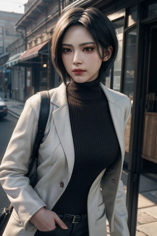 1girl, of beautiful ADAWONG, business scene,town,smile,full body shot,black hair, short hair, ((white coat)), sunglasses leather pants,blotchy makeup, trending on Artstation, ada, realistic, athletic night, highly detailed skin, warm skin tone, ((frowning)), ((pouting)) highly detailed face, highly detailed pupils, highly detailed iris, RAW photo, best quality, high resolution, ((masterpiece)), tonemapping, photorealistic, realistic, professional photography, sharp focus, HDR, 8K resolution, intricate detail, sophisticated detail, hyper detailed, (depth of field),