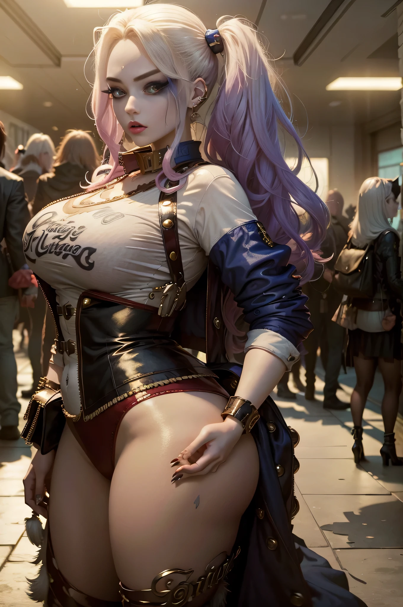 ((obra maestra)), ((Mejor calidad)), (muy detallado), (muy detallado)), 4k, (8k), Mejor calidad, (hermoso), (Moda Visual Kei:1.3),una mujer, gran culo, gran trasero, figura con curvas, Musician or artist with heavy makeup and eye-catching hairstyle or fashion., Poses seguras, hermoso face, hermoso eyes, Cabello brillante, Diosa, absurdo, Motor irreal, Prestamista de octanaje, luces atractivas.